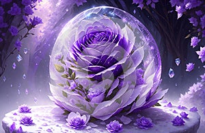 One frozen purple rose hidden in bush with ice crystals by AI Generated