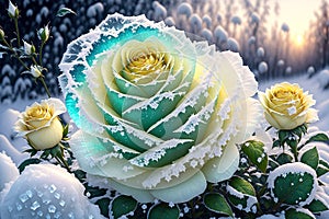 One frozen Yellow rose hidden in bush with ice crystals by AI Generated