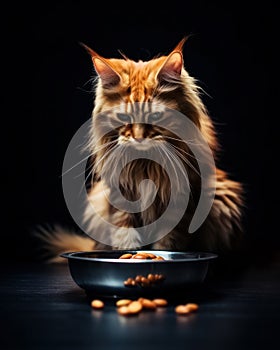 One full body red fluffy Maine Coon cat sits next to bowl of food on black background and looks at it sadly. Generative