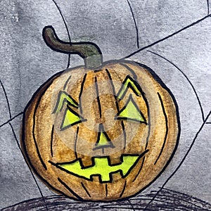 One funny smiling orange Halloween jack o lantern pumpkin with big glowing mouth hand drawn illustration