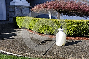 One gallon sprayer in front of house shrubs for fertilizing, insecticide and herbicide