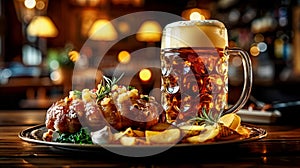 One glass of beer with baked pork knuckle on wooden table in old German beer bar, against blurred background of cozy atmosphere