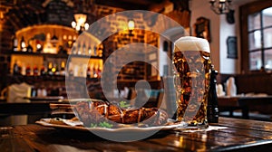 One glass of beer with baked pork knuckle on wooden table in old German beer bar, against blurred background of cozy atmosphere