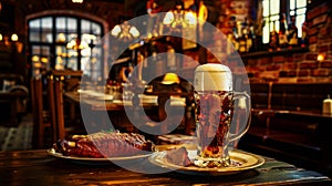 One glass of beer with baked pork knuckle on wooden table in old German beer bar, against blurred background of cozy atmosphere