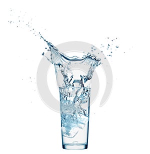 One glass of water with splash from falling ice cube, white background, isolated object