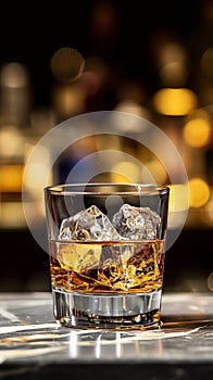 One glass of whiskey with ice on a bar counter, dark background with bokeh.