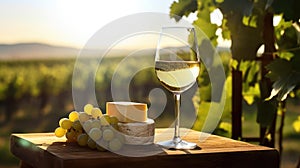 one glass of white wine on a wooden table in clear weather overlooking the vineyards. wine production. alcoholic drink