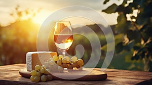 one glass of white wine on a wooden table in clear weather overlooking the vineyards. wine production. alcoholic drink