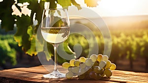 one glass of white wine on a wooden table in clear weather overlooking the vineyards. wine production. alcoholic drink