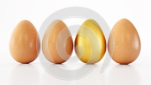 One gold egg in a pack isolated on white background, One golden egg among white eggs