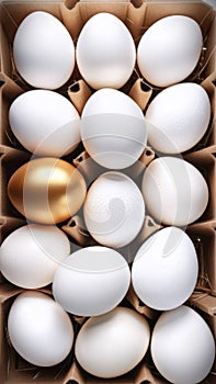 One golden egg among a lot of white eggs in a carton egg box. Vertical background, top view. Concepts: uniqueness, value