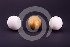 One golden egg with two white