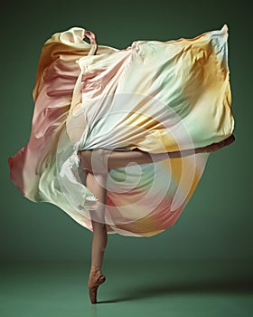 One graceful ballerina wearing rainbow dress dancing on dark green studio background. Standing tiptoe