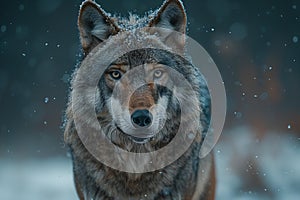 One gray wolf standing in the snow, high quality, high resolution