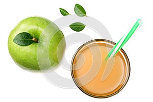 one green apple with apple juice isolated on white background. top view