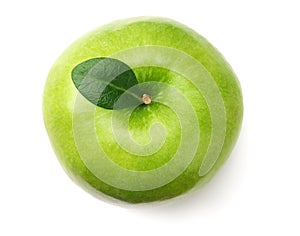 one green apple isolated on white background. top view