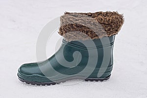 One green rubber boot with brown fur lining