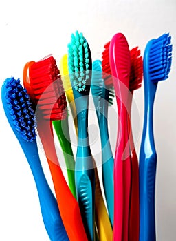 One group of nine toothbrushes of different vivid colors.