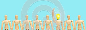 One in group of wooden figure mannequin rise hand up on blue background.