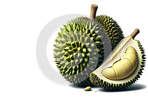 One and a half durian fruits on a white backgroundwith AI generated