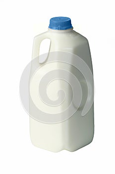 A one half 1/2 gallon jug of skim milk with a light blue cap.