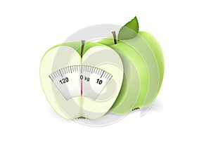 One and half green apple with a scale of weights isolated on the white background, vector illustration