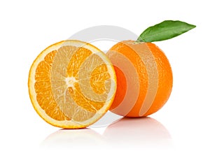 One and a half orange with green leaf