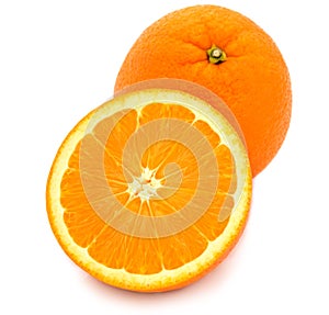 One and half oranges on white background