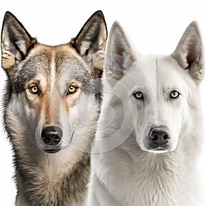 One half of photo is wild wolf, the other half is domestic white dog, symbol of unity of opposites,
