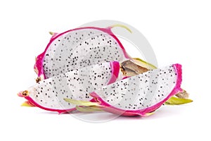 one half and two quarter dragon fruit pitaya, on white background, isolated