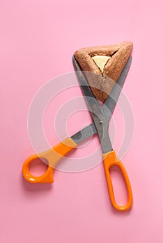 One Hamentashen, Ozen Haman, Purim cookie on pink background for Jewish holiday Purim.