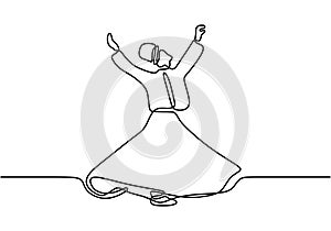 One hand drawn Islamic traditional whirling dervish. Continuous line drawing Sufi dancing with minimalist design isolated in white