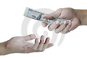 One Hand give and one hand take of US dollar banknote on white background. cash and payment concept