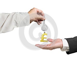 One hand giving key pound symbol keyring to another hand, 3D rendering