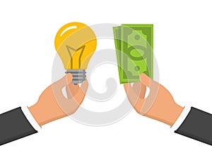 One hand holding light bulb and another one holding cash. Flat illustration, idea for money concept