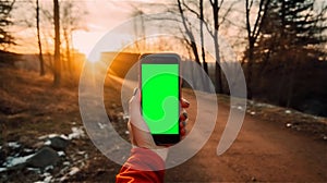 one hand holding a mobile phone mock-up with green interchangeable display in forest