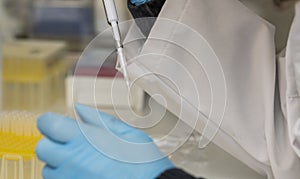 One hand from a lab technician holding a micro pipet in a science laboratory. photo