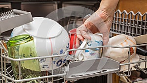 One hand loads a dishwasher