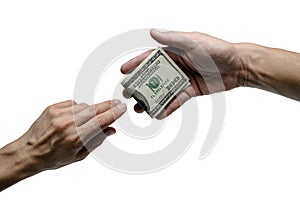 One hand offer one hundred dollar bill to others