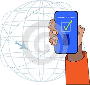 One hand showing the vaccination passport in the smartphone photo