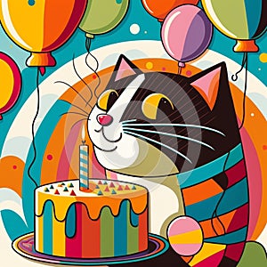 One happy bright colored black cat with happy eyes birthday cake, candles hat and balloons