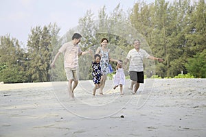 One happy family walking hand in hand on the beach. Conceptual image