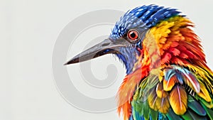 One head view of a bright coloured bird on white background