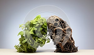 One Healthy lung and one unhealthy lung. Green and brown nature plants shaped like human lungs conceptual image. lungs