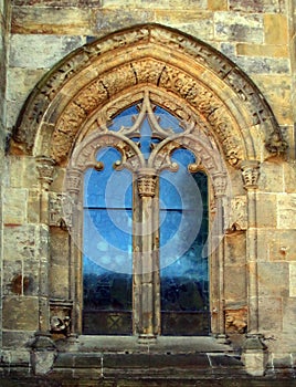 One of the highly decorated windows at Rosslyn Chapel