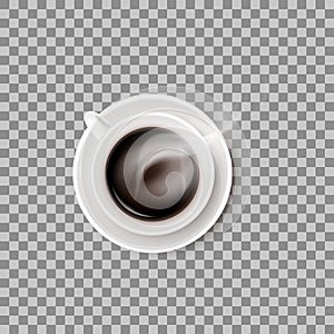 One hot steaming coffee beverage in white ceramic cup or mug on round saucer. Vector realistic object isolated on
