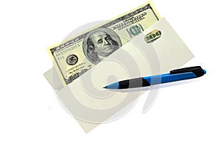 One hundred american dollars in white envelope and fountain pen on white background close up