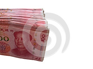 One hundred Chinese yuan money stacking isolated on white background.
