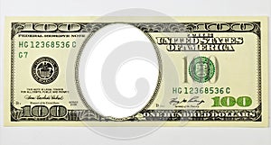 American one hundred dollar bill, without a portrait, an empty frame.