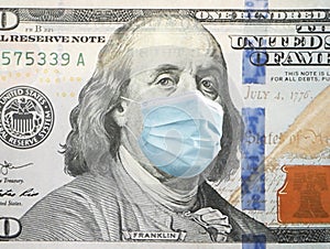 One hundred dollar banknote with face mask